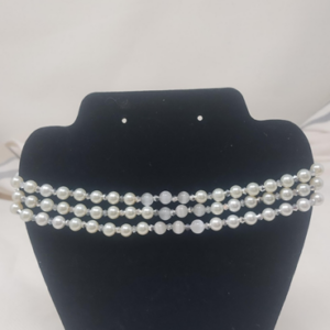 3 layer white glass pearl/white cat eye beads between metallic silver bicone beads choker necklace